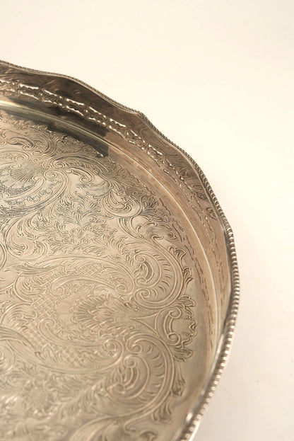 Ornate Silver-Plated Engraved Serving Tray