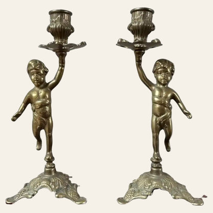 French Brass Cherub Candlestick Holders | Set of 2