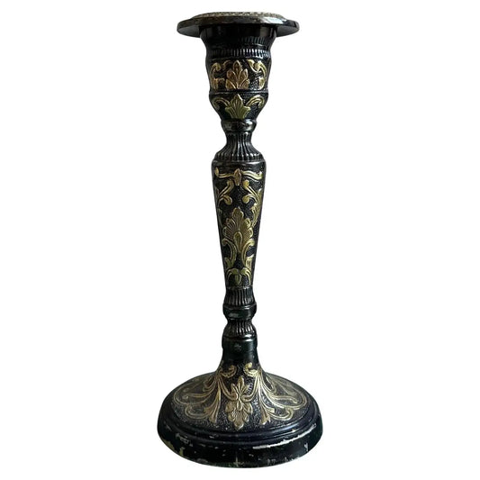 Antique Brass & Enamel Candlestick With Gilt