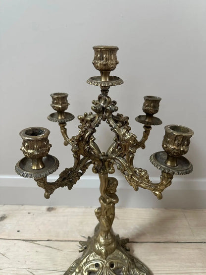 French 19th‑Century Gilded 5‑Arm Cherub Candelabra