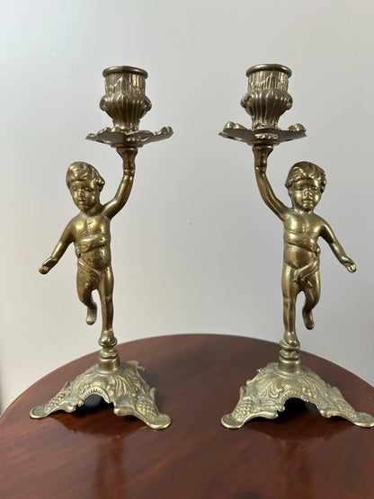 French Brass Cherub Candlestick Holders | Set of 2