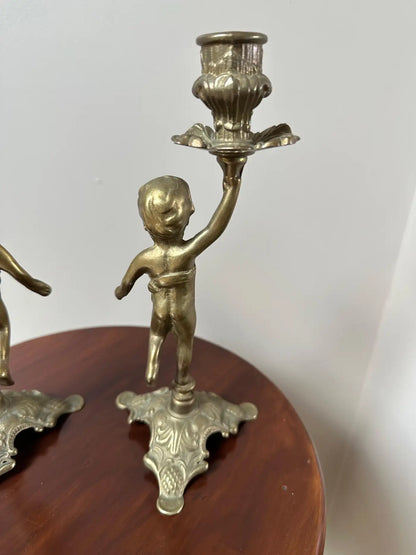 French Brass Cherub Candlestick Holders | Set of 2