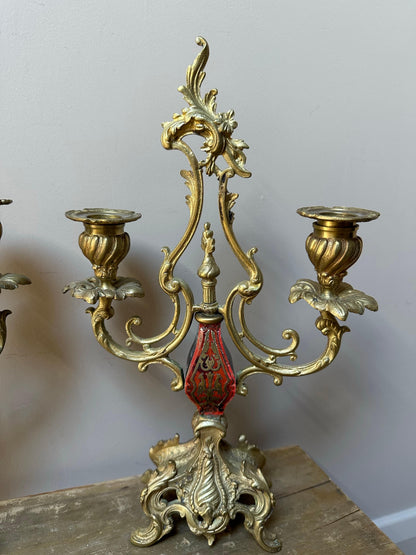 Pair of Antique French Louis XV Rococo Gilt Brass Candelabras