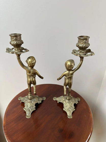 French Brass Cherub Candlestick Holders | Set of 2