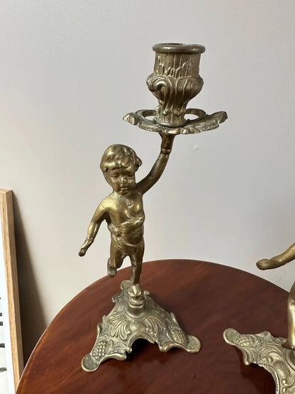 French Brass Cherub Candlestick Holders | Set of 2