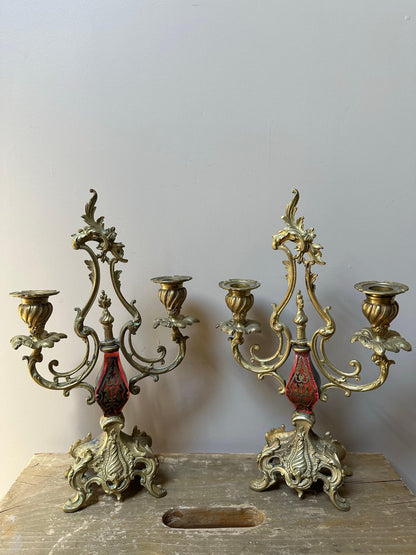Pair of Antique French Louis XV Rococo Gilt Brass Candelabras