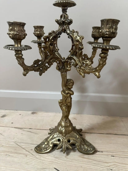 French 19th‑Century Gilded 5‑Arm Cherub Candelabra