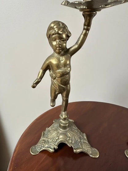 French Brass Cherub Candlestick Holders | Set of 2