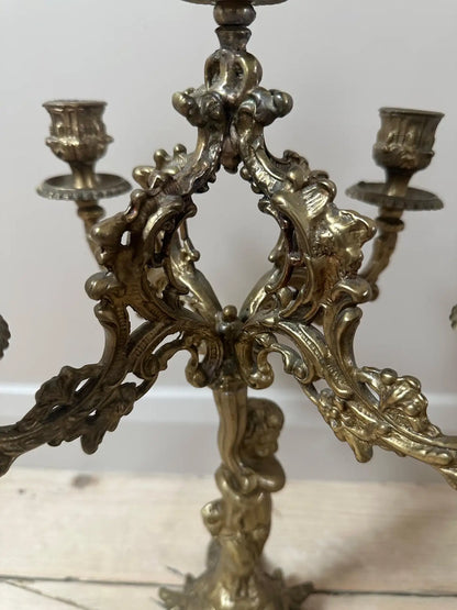 French 19th‑Century Gilded 5‑Arm Cherub Candelabra