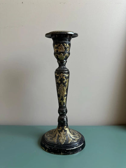 Antique Brass & Enamel Candlestick With Gilt