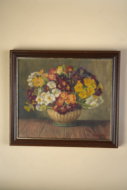 Vintage Oil Painting — Floral Still Life in Stoneware Urn