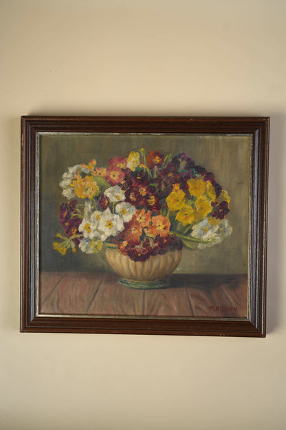 Vintage Oil Painting — Floral Still Life in Stoneware Urn