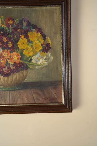 Vintage Oil Painting — Floral Still Life in Stoneware Urn
