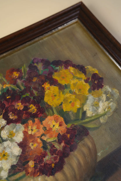 Vintage Oil Painting — Floral Still Life in Stoneware Urn