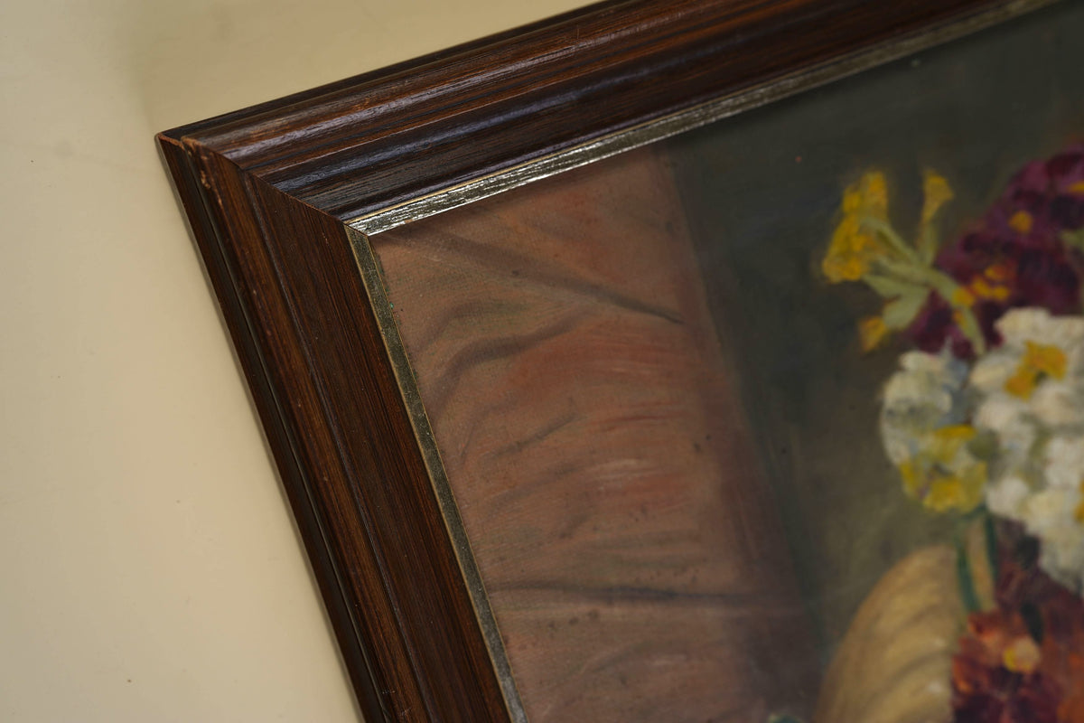 Vintage Oil Painting — Floral Still Life in Stoneware Urn